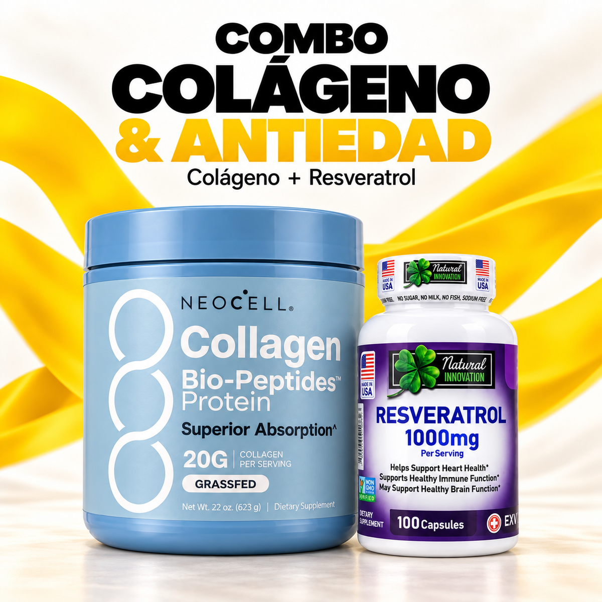 Combo Colágeno & Antiedad - Péptidos de Colágeno NeoCell + Resveratrol - Merkefit Colombia
