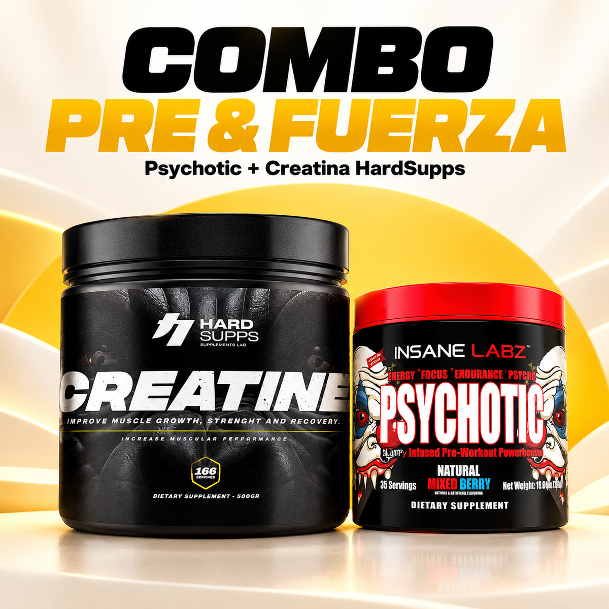 Combo Pre & Fuerza - Pre entreno Psychotic Insane Labz + Creatina Hardblends 500gr - Merkefit Colombia