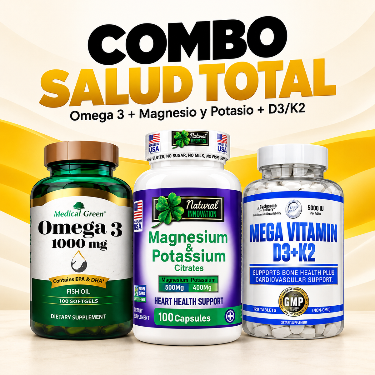 Combo Salud Total - Omega 3 Medical Green + Magnesio y Potasio + Vitamina D3 K2 HTP - Merkefit Colombia