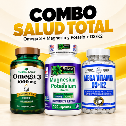 Combo Salud Total - Omega 3 Medical Green + Magnesio y Potasio + Vitamina D3 K2 HTP - Merkefit Colombia